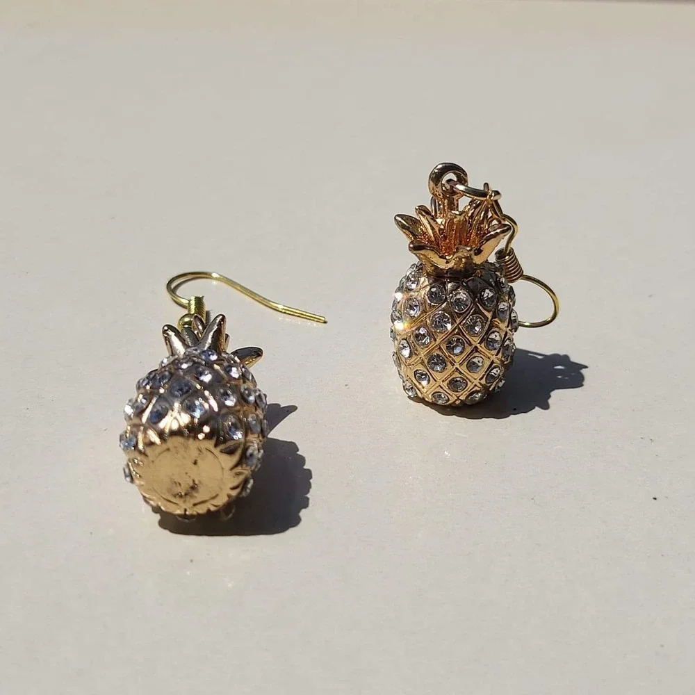 Gold Tone Rhinestone Pineapple Drop Earrings Gold Tropical Kitsch Dangle